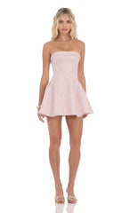 Shimmer Jacquard Strapless Flare Dress in Dusty Pink