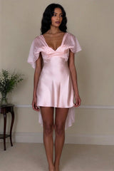 White Satin Mini Homecoming Dress with Deep V-Neck and Delicate Sheer Sleeves