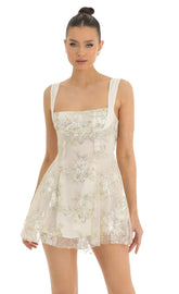 Floral Sequin Tulle Dress in White