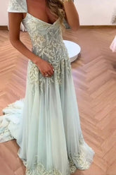 Gorgeous A Line Sweetheart Light Green Long Prom Dress with Appliques