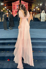 Sweety A Line V Neck Pink Long Prom Dress with Ruffles