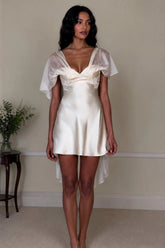 White Satin Mini Homecoming Dress with Deep V-Neck and Delicate Sheer Sleeves