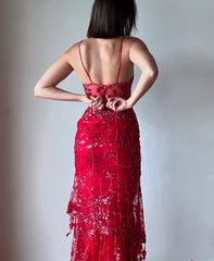 Hot Mermaid Spaghetti Straps Red Long Prom Dress with Embroidery