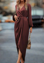 Elegant Red Draped V-Neck Midi Dress