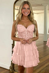 Charming A-Line Sweetheart Lace Top Short Tiered Chiffon Homecoming Dress