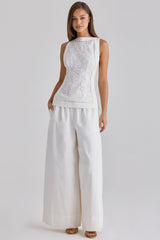 White Cotton Placement Lace Broderie Anglais Boat Neck Top