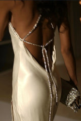 Hot Sheath Halter Neck White Long Party Dress with Split Front Beading