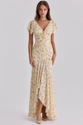 Lemon Floral Print Georgette Maxi Tea Dress