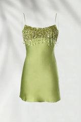 Stunning A Line Spaghetti Straps Green Satin Short Homecoming Dress with Taasels