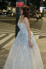 Princess A Line Sweetheart Light Blue Long Prom Dress with Beading