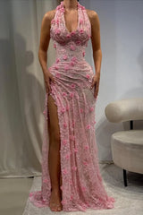 Gorgeous Mermaid Halter Neck Green Long Party Dress with 3D Flowers