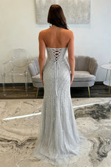 Sparkly Silver Beaded Mermaid Prom Dress with Deep V-Neck and Front Slit