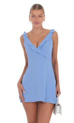 Ruffle V-Neck Dress in Light Blue