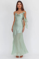 Gilded Dream Shoulder Detail Chiffon Hem Maxi Dress Sage
