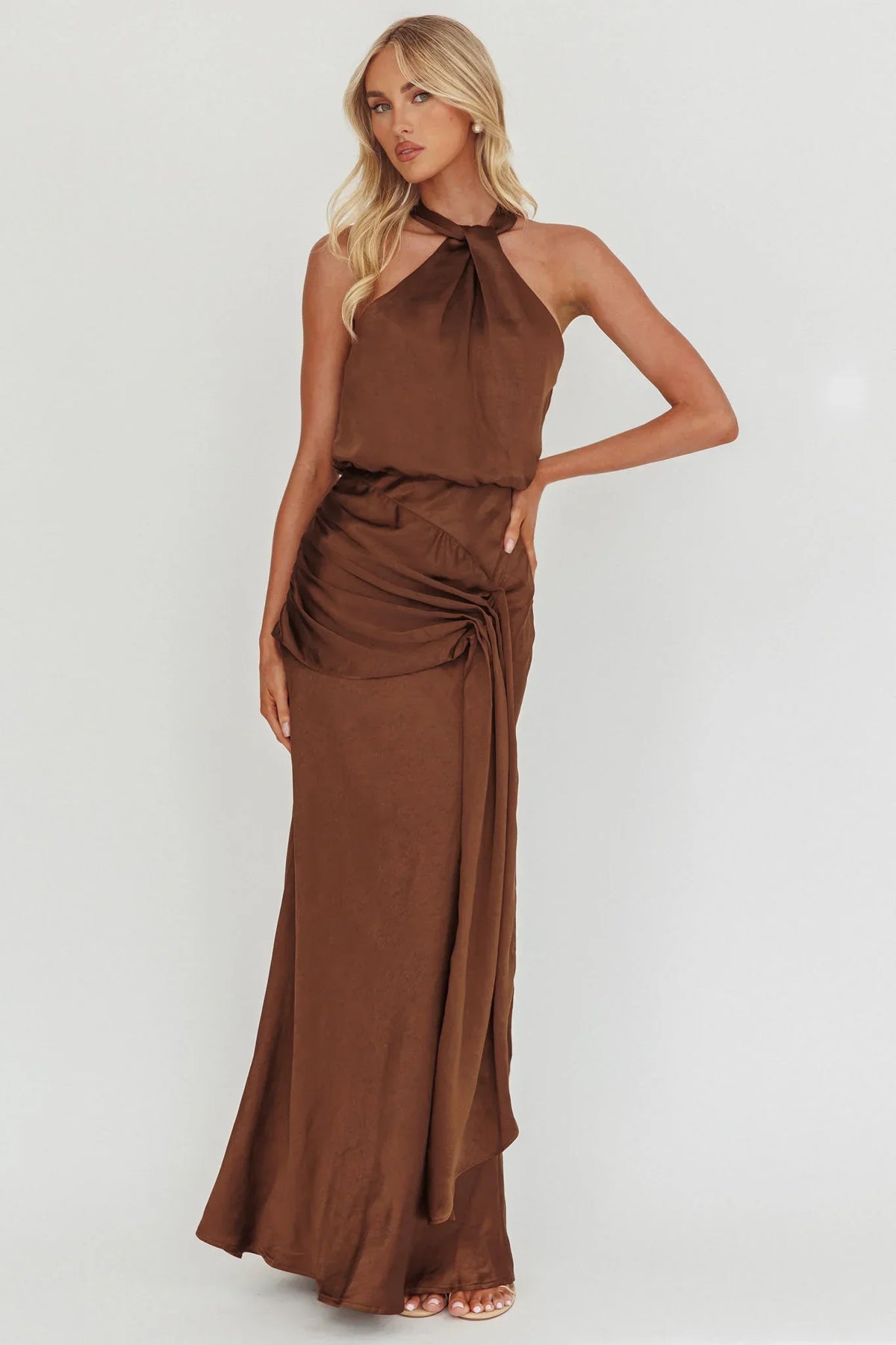Linette Halterneck Draped Sash Maxi Dress Chocolate