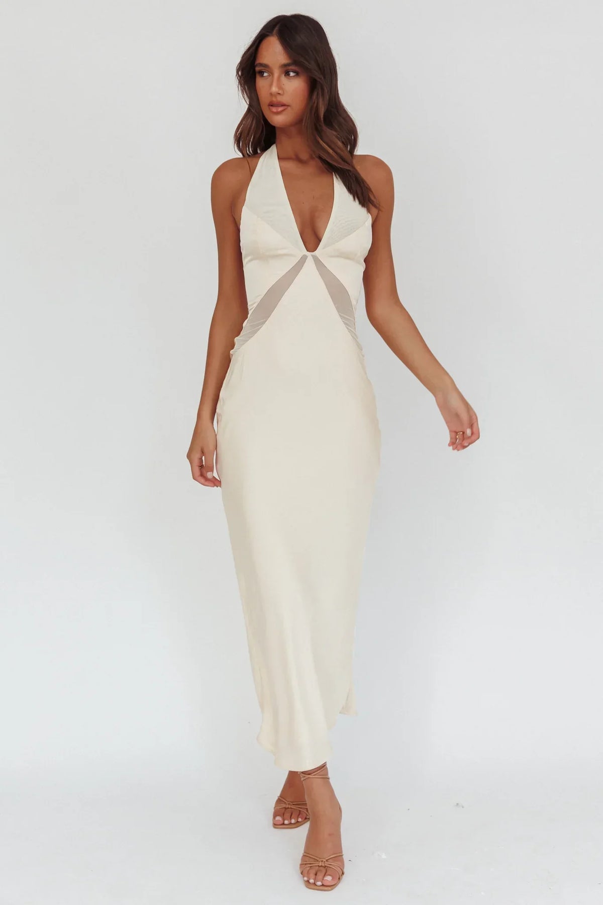Kasi Sheer Panel Halter Maxi Dress Butter