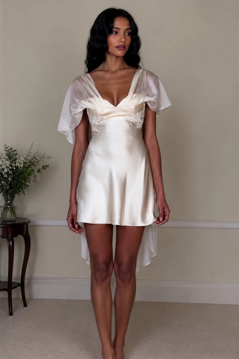 White Satin Mini Homecoming Dress with Deep V-Neck and Delicate Sheer Sleeves