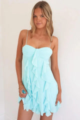 Light Blue Cascade Ruffle Spaghetti Straps Flowy Homecoming Dress