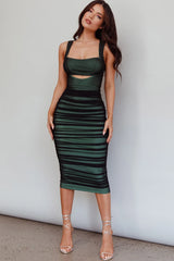 Move Maker Cut-Out Ruched Midi Dress Green/Black