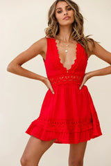 Indio Crochet Insert Deep V-Neckline Dress Red