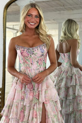 Floral Print Tiered Ruffle Prom Dress with Sparkle Corset Detail & Front Slit