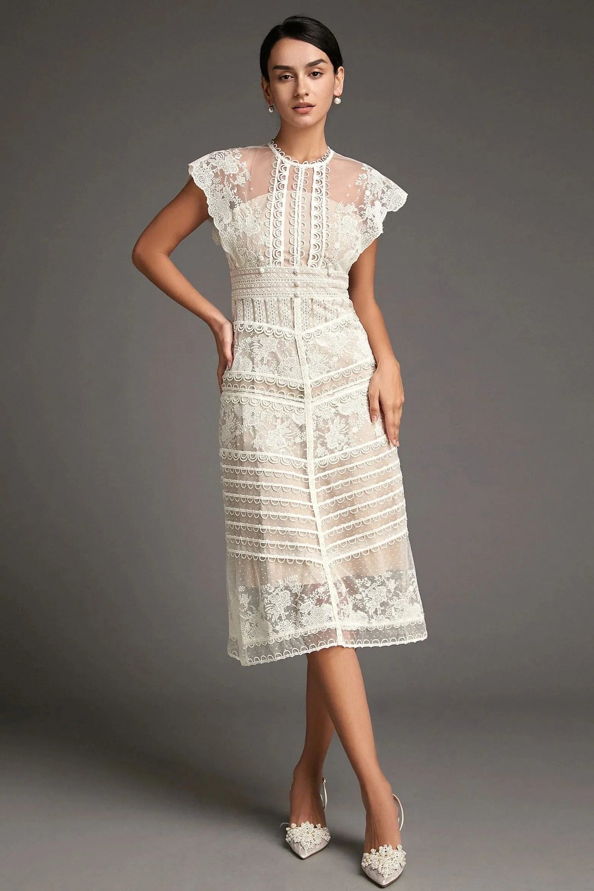 Lydia Flower Embroidered Mesh Midi Dress