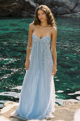 Bling A Line Spaghetti Straps Grey Blue Long Party Dress with Beading