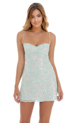 Sequin Embroidered Babydoll Dress in Seafoam