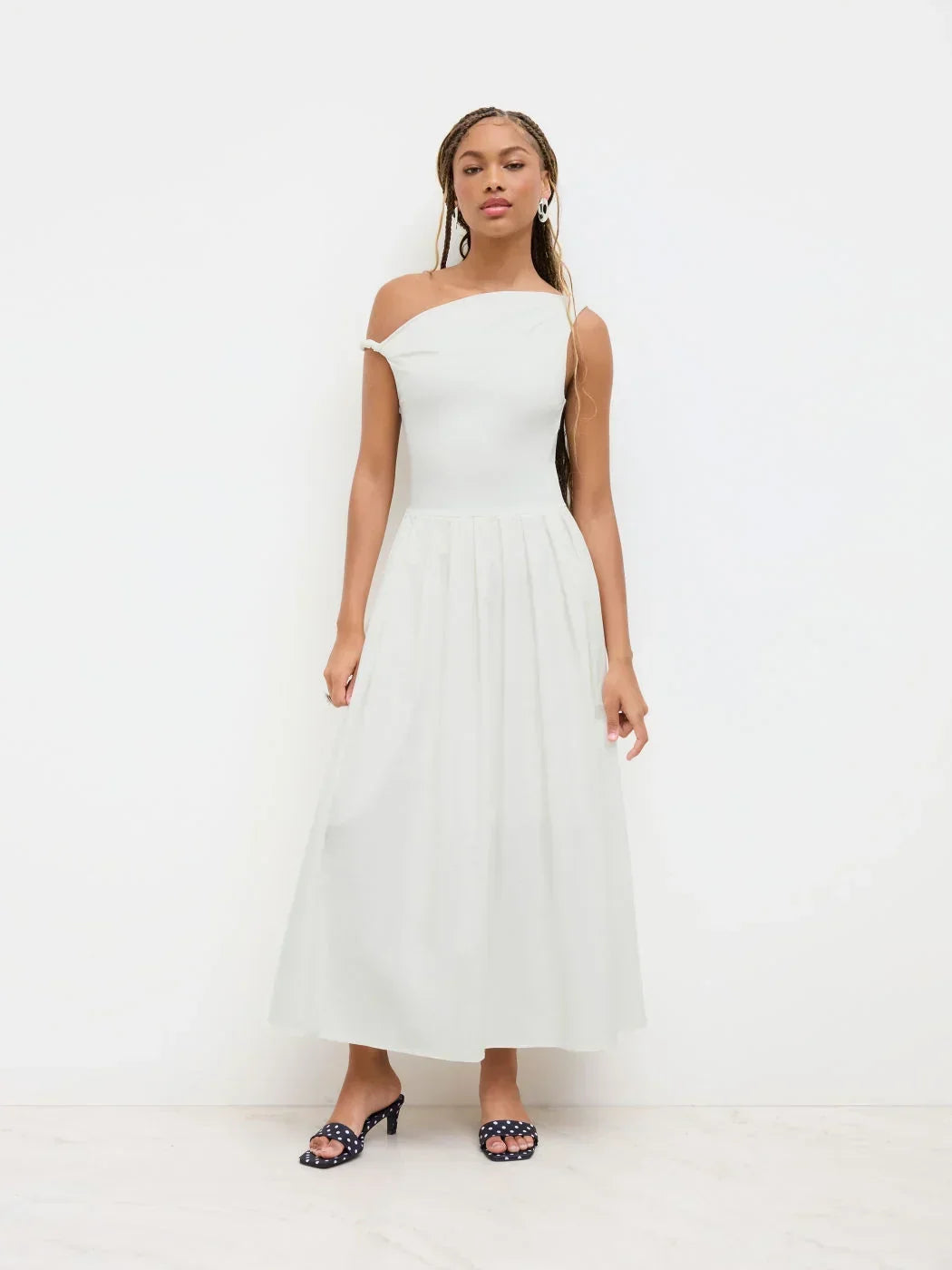 Cotton-blend Asymmetrical Neck Ruched Twist Pleated Maxi Dress