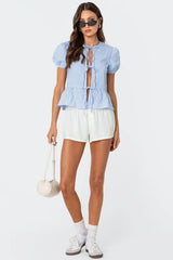 Puffed Sleeve Tie Front Top