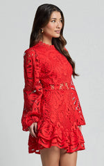 Kiss Me Now Mini Dress - Long Puff Sleeve Dress in Red Floral
