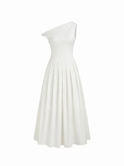 Cotton-blend Asymmetrical Neck Ruched Twist Pleated Maxi Dress