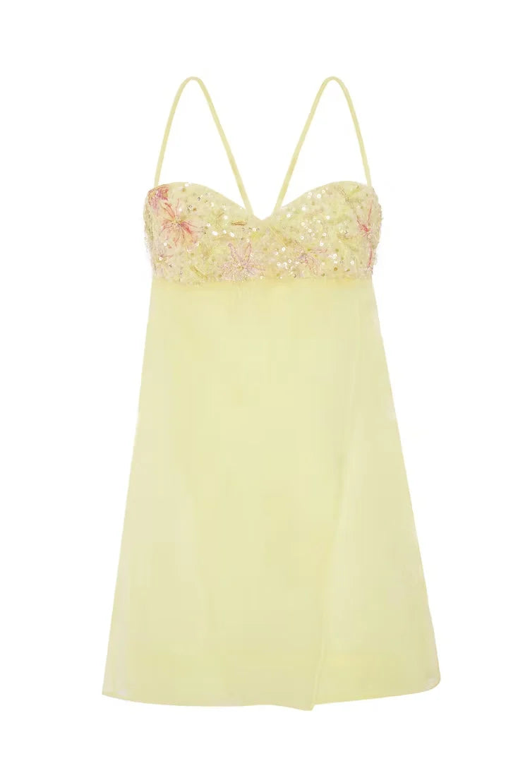 Cute A Line Spaghetti Straps Light Yellow Mini Dress with Sequins