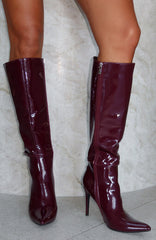 One Step At A Time Knee High Boots Deep Burgundy Patent